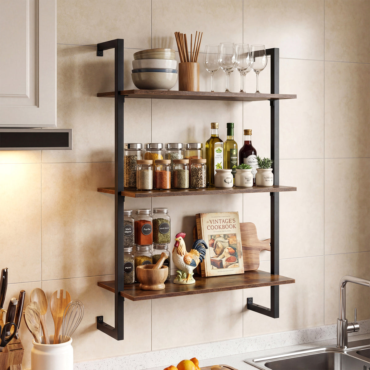 3-Tier Floating Modern Kitchen Shelf for Living Room Home Office and Bathroom-Rustic Brown view 2