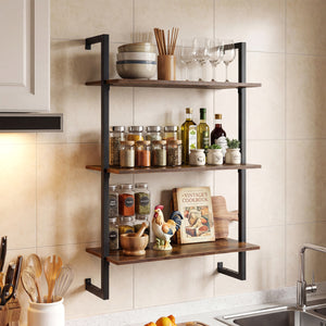 3-Tier Floating Modern Kitchen Shelf for Living Room Home Office and Bathroom-Rustic Brown view 2