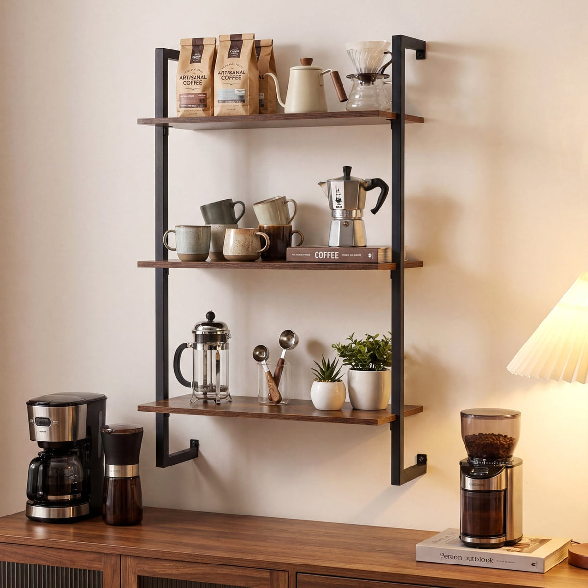 3-Tier Floating Modern Kitchen Shelf for Living Room Home Office and Bathroom-Rustic Brown view 3