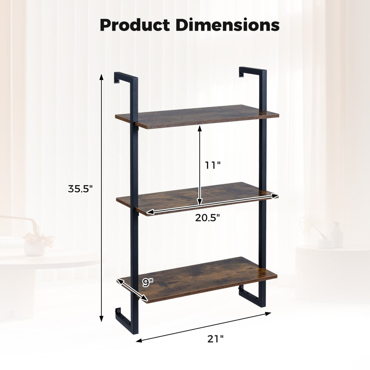 3-Tier Floating Modern Kitchen Shelf for Living Room Home Office and Bathroom-Rustic Brown view 5