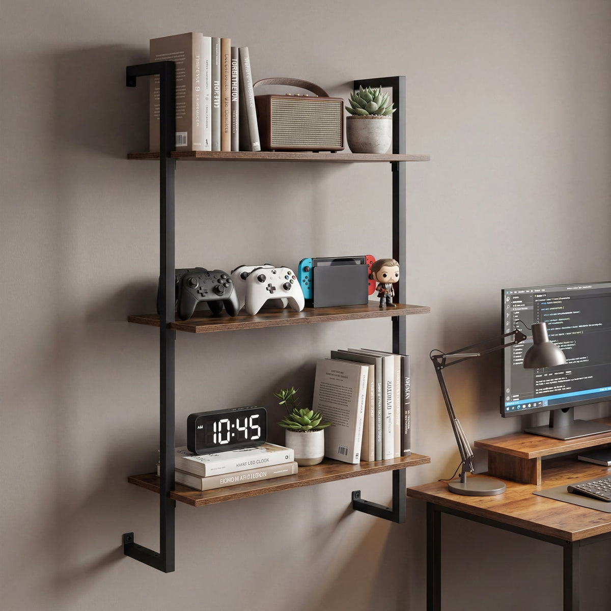 3-Tier Floating Modern Kitchen Shelf for Living Room Home Office and Bathroom-Rustic Brown view 7