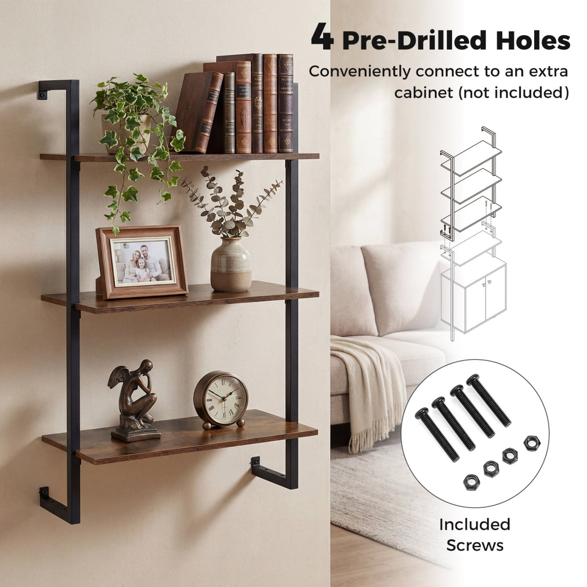 3-Tier Floating Modern Kitchen Shelf for Living Room Home Office and Bathroom-Rustic Brown view 8