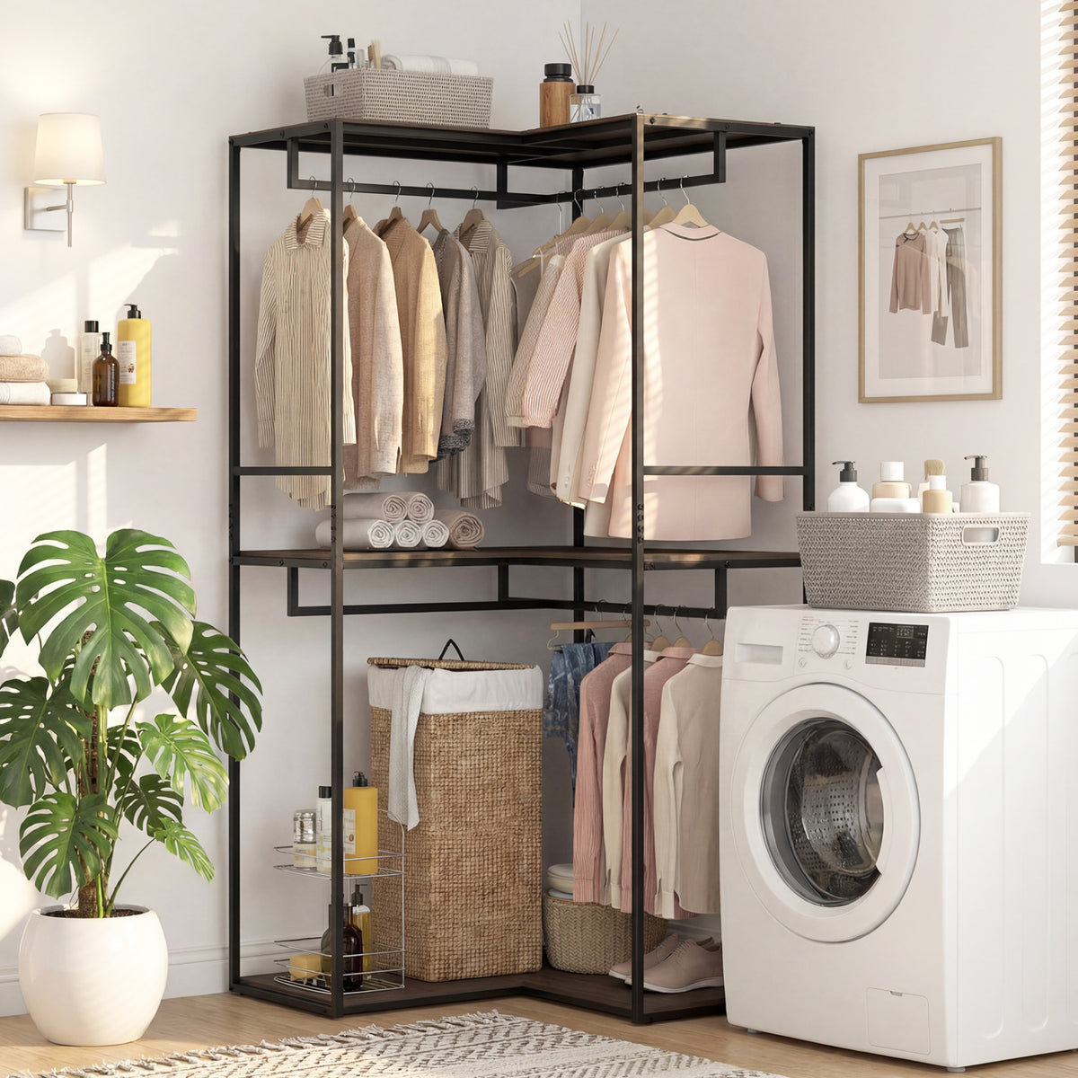 3-Tier Heavy Duty Clothes Rack with 3 Shelves & 2 Hanging Racks-Black & Brown view 2