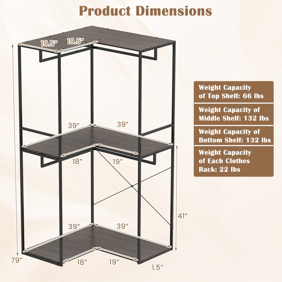 3-Tier Heavy Duty Clothes Rack with 3 Shelves & 2 Hanging Racks-Black & Brown view 5