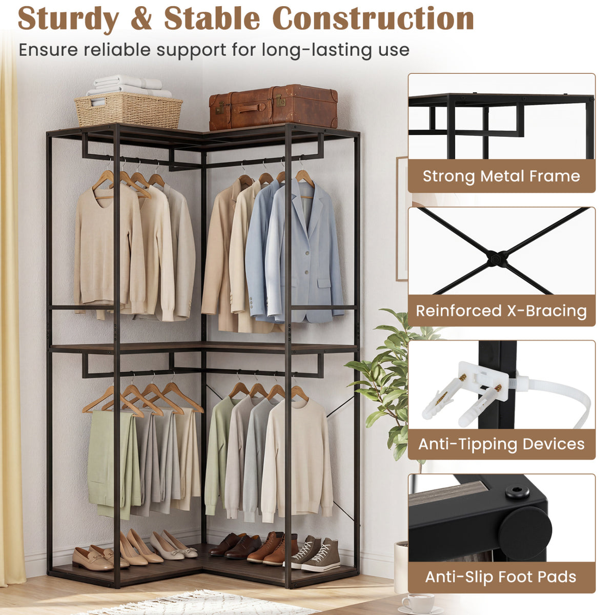 3-Tier Heavy Duty Clothes Rack with 3 Shelves & 2 Hanging Racks-Black & Brown view 7