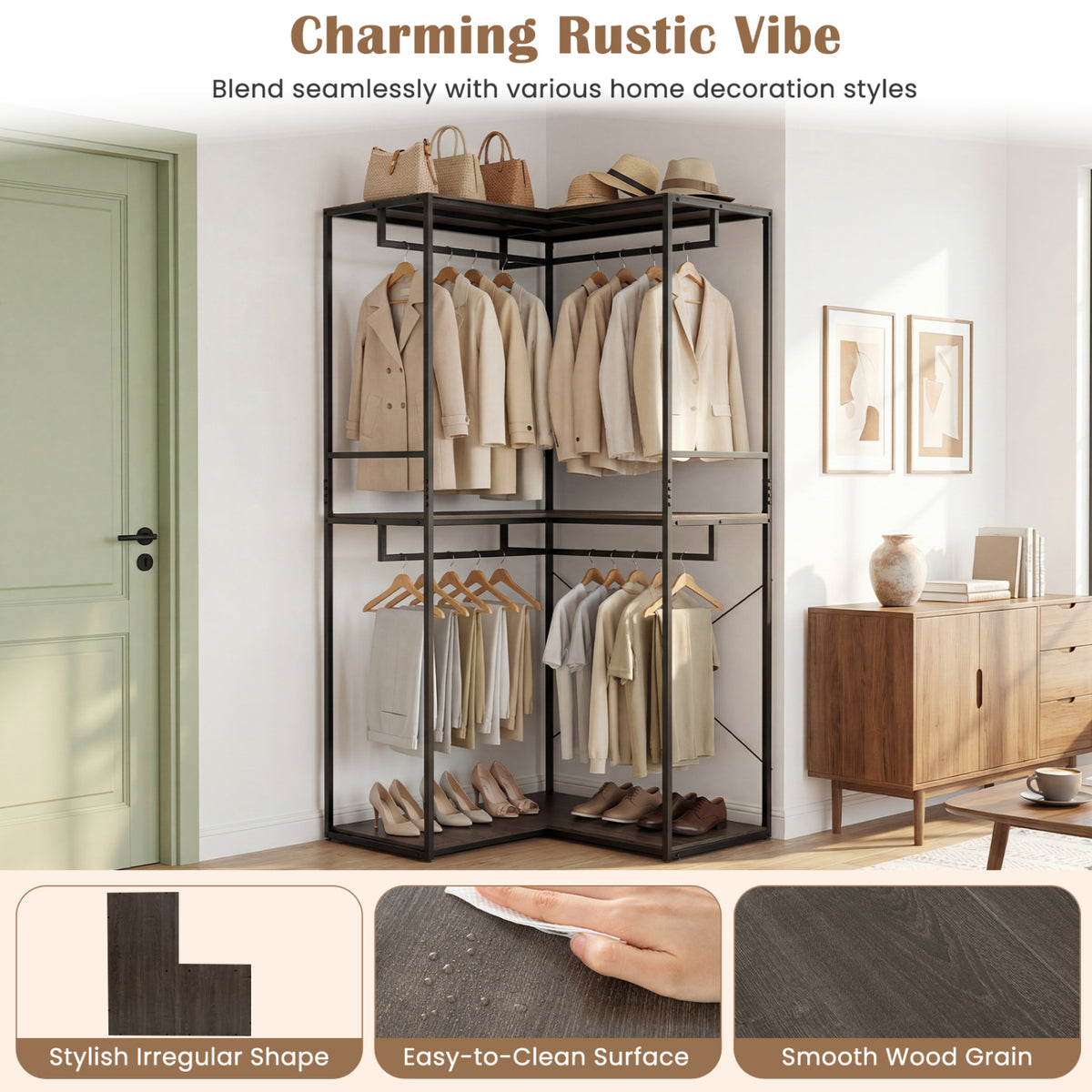 3-Tier Heavy Duty Clothes Rack with 3 Shelves & 2 Hanging Racks-Black & Brown view 8