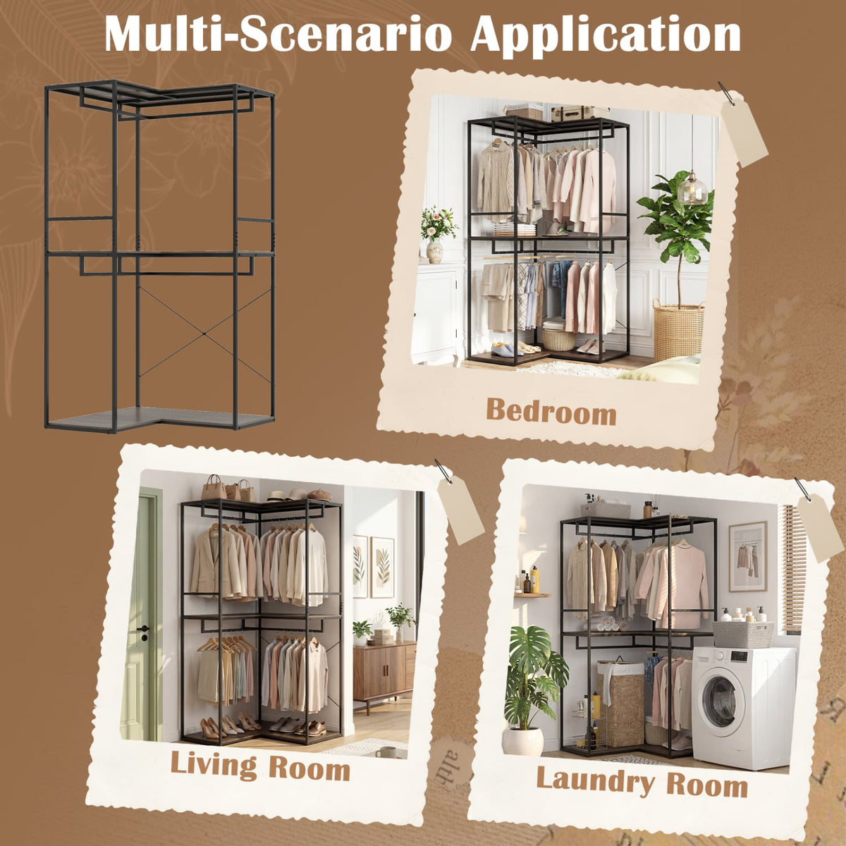 3-Tier Heavy Duty Clothes Rack with 3 Shelves & 2 Hanging Racks-Black & Brown view 9