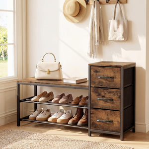 3-Tier Industrial Shoe Bench with 3 Removable Fabric Drawers and Anti-toppling Kits-Rustic Brown view 2