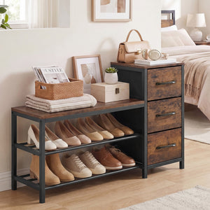 3-Tier Industrial Shoe Bench with 3 Removable Fabric Drawers and Anti-toppling Kits-Rustic Brown view 3