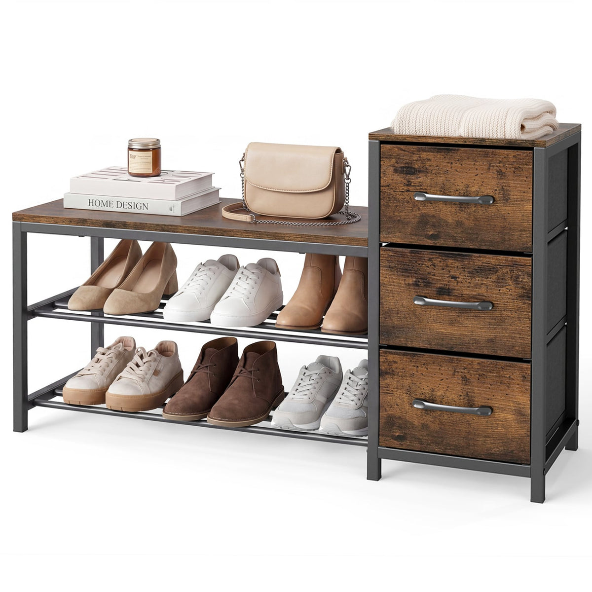 3-Tier Industrial Shoe Bench with 3 Removable Fabric Drawers and Anti-toppling Kits-Rustic Brown view 4