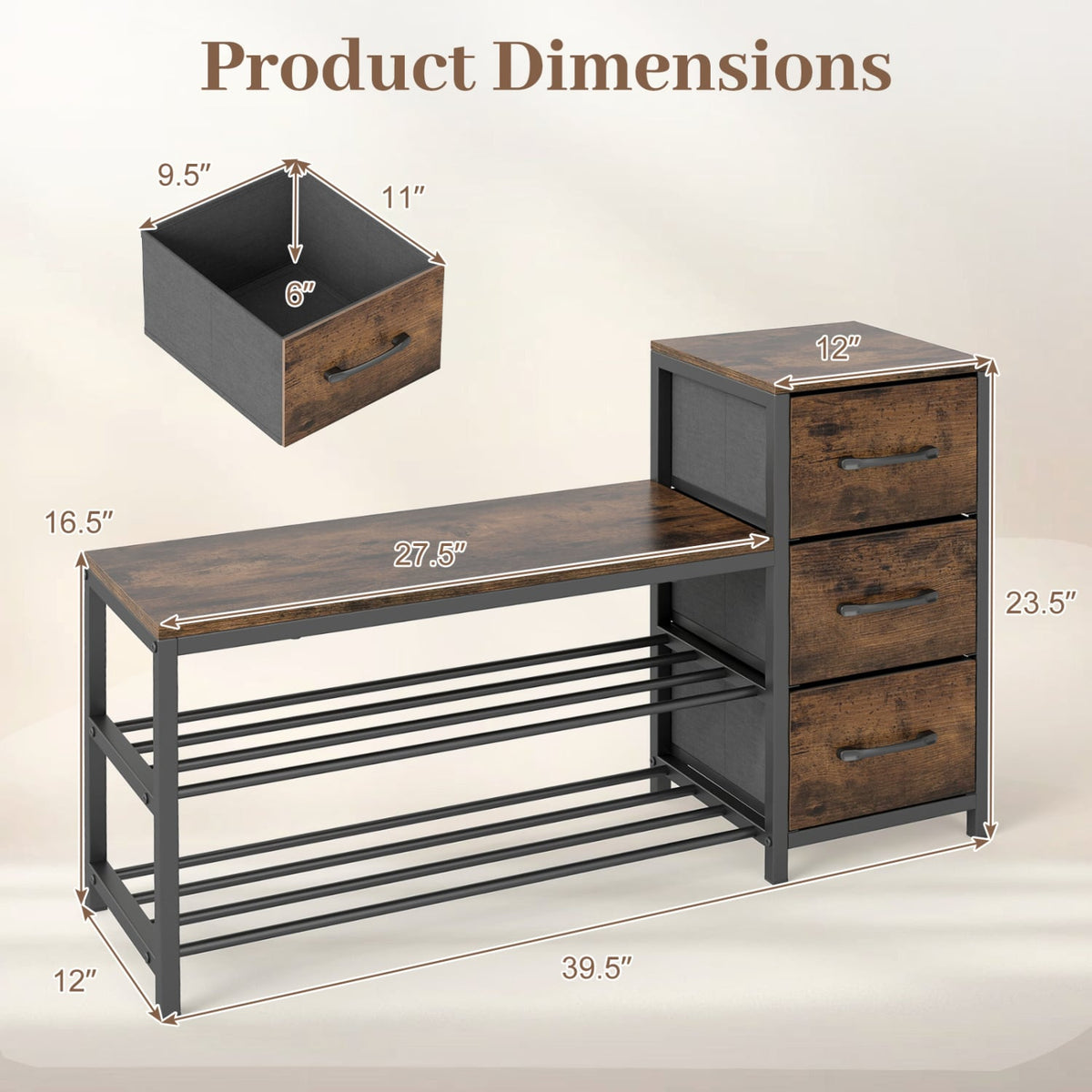 3-Tier Industrial Shoe Bench with 3 Removable Fabric Drawers and Anti-toppling Kits-Rustic Brown view 5