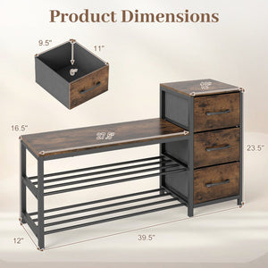 3-Tier Industrial Shoe Bench with 3 Removable Fabric Drawers and Anti-toppling Kits-Rustic Brown view 5