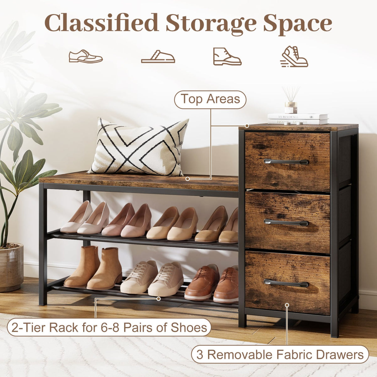 3-Tier Industrial Shoe Bench with 3 Removable Fabric Drawers and Anti-toppling Kits-Rustic Brown view 7