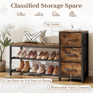 3-Tier Industrial Shoe Bench with 3 Removable Fabric Drawers and Anti-toppling Kits-Rustic Brown view 7