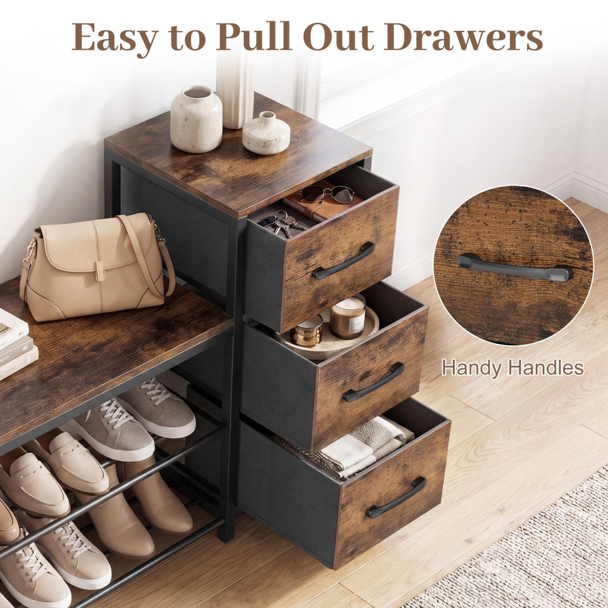 3-Tier Industrial Shoe Bench with 3 Removable Fabric Drawers and Anti-toppling Kits-Rustic Brown view 8