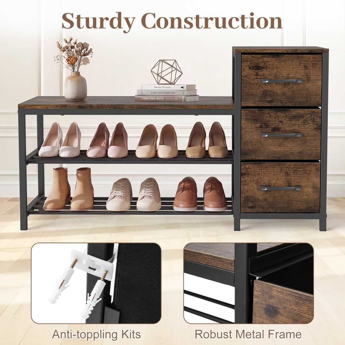 3-Tier Industrial Shoe Bench with 3 Removable Fabric Drawers and Anti-toppling Kits-Rustic Brown view 9