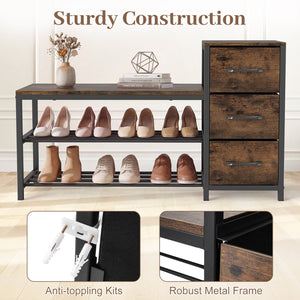 3-Tier Industrial Shoe Bench with 3 Removable Fabric Drawers and Anti-toppling Kits-Rustic Brown view 9