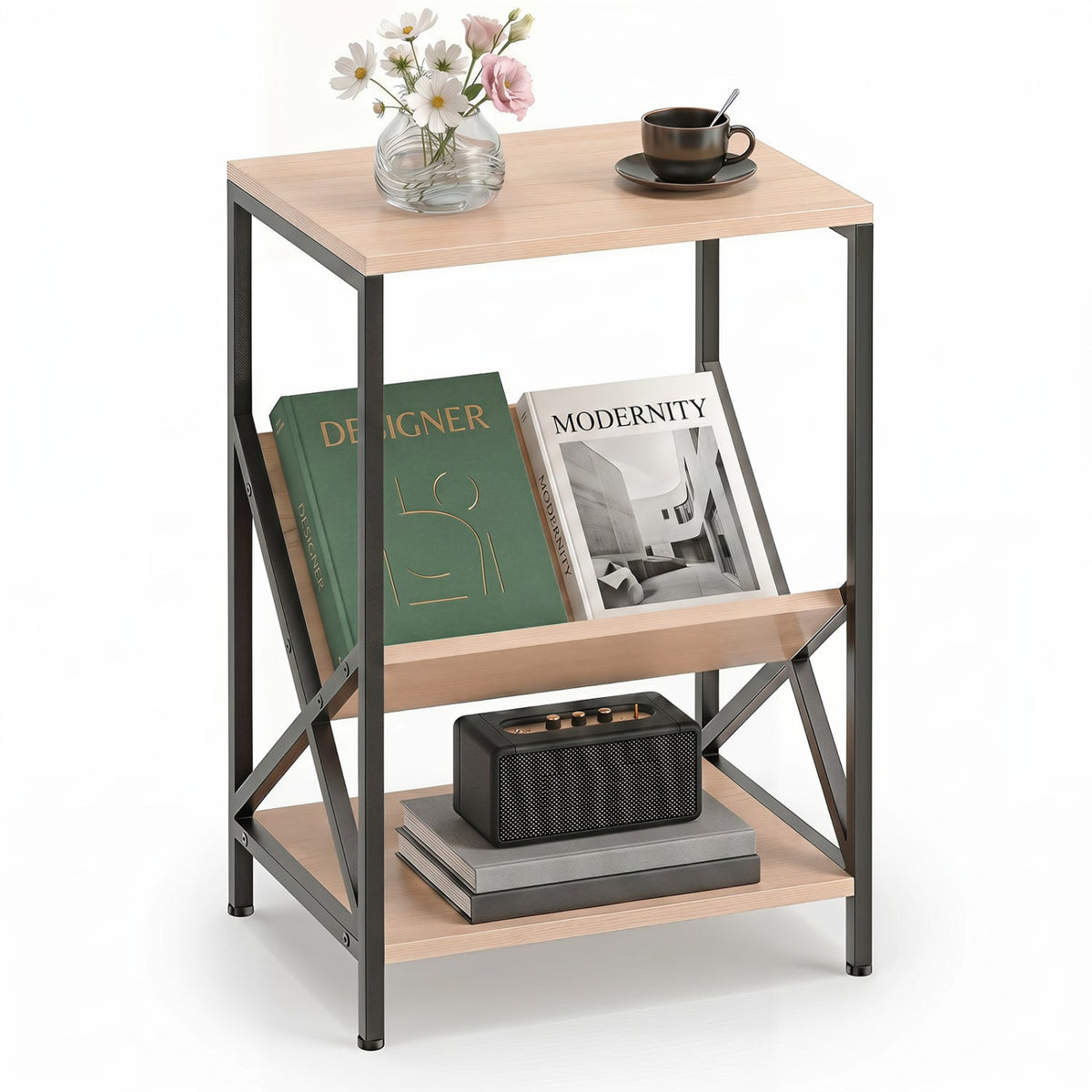3-Tier Industrial Side Table with V-shaped Bookshelf for Living Room-Natural view 4