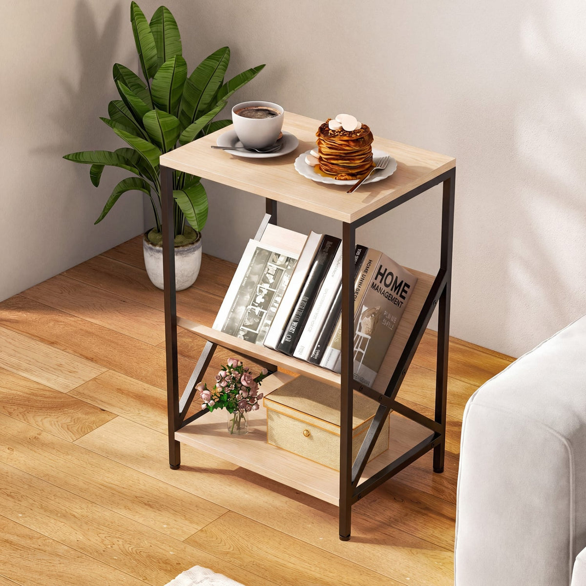 3-Tier Industrial Side Table with V-shaped Bookshelf for Living Room-Natural view 2