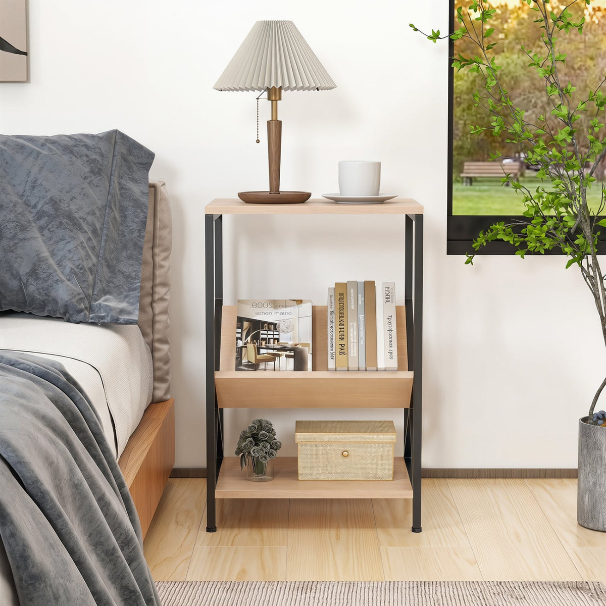 3-Tier Industrial Side Table with V-shaped Bookshelf for Living Room-Natural view 3