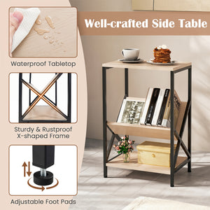 3-Tier Industrial Side Table with V-shaped Bookshelf for Living Room-Natural view 7