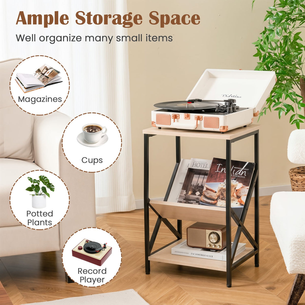 3-Tier Industrial Side Table with V-shaped Bookshelf for Living Room-Natural view 8