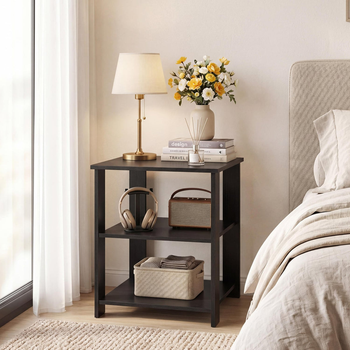 3-Tier Modern Nightstand Square Side Table with Open Storage Shelves-Black view 2
