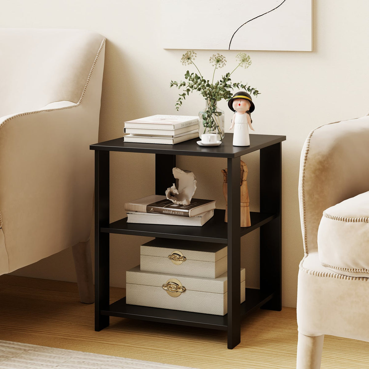 3-Tier Modern Nightstand Square Side Table with Open Storage Shelves-Black view 3