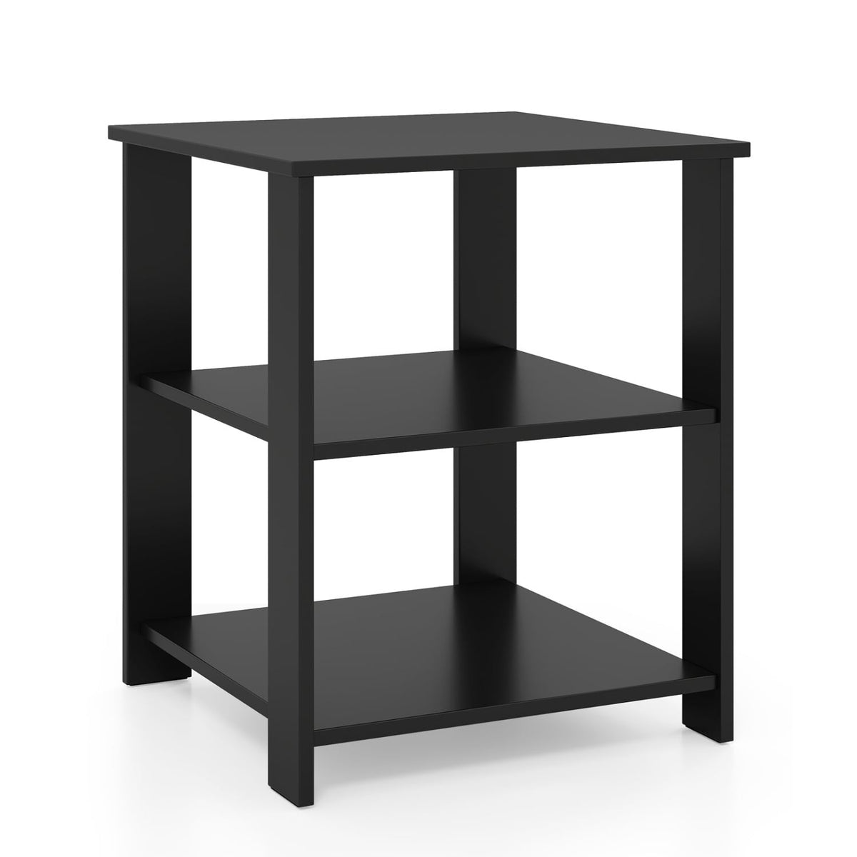 3-Tier Modern Nightstand Square Side Table with Open Storage Shelves-Black