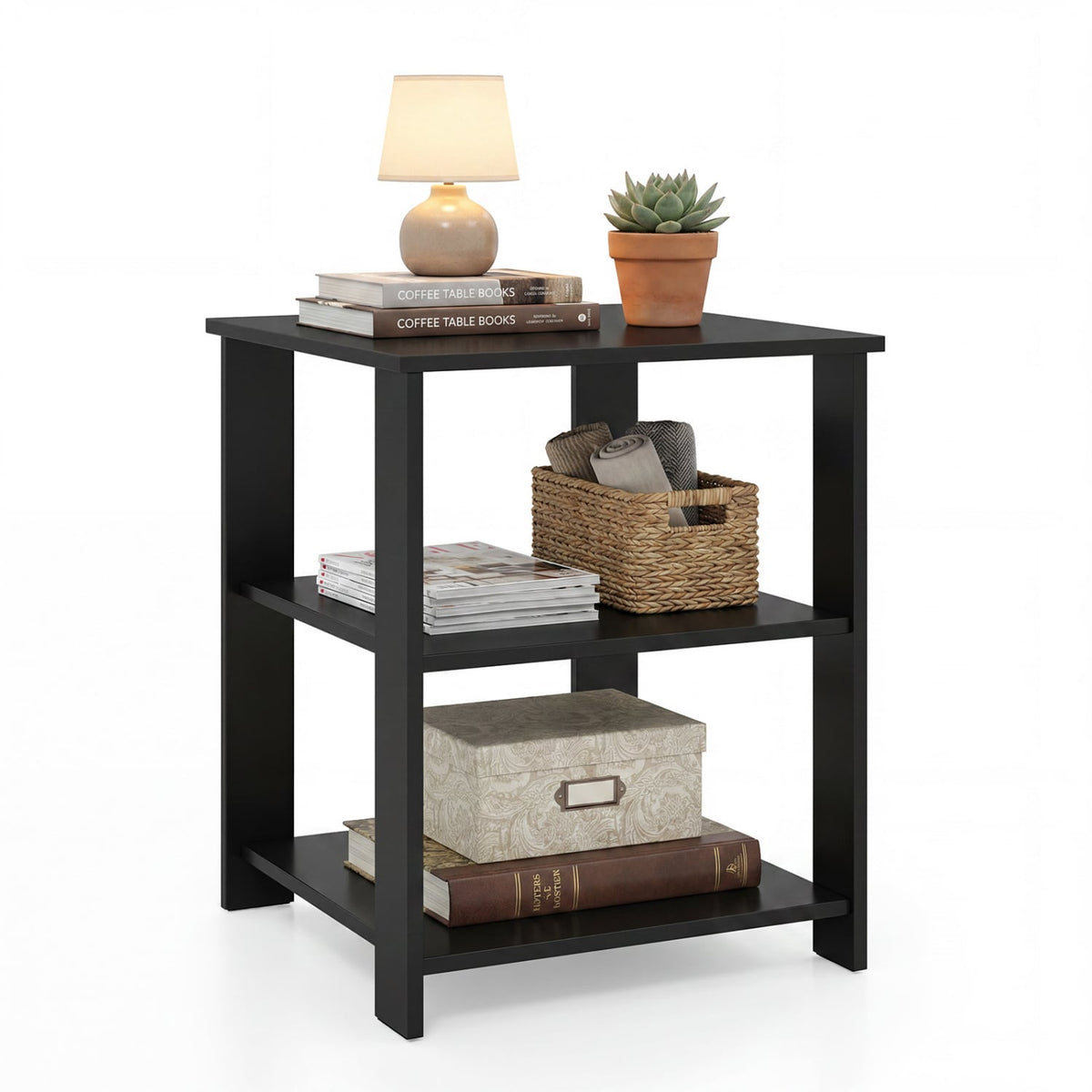 3-Tier Modern Nightstand Square Side Table with Open Storage Shelves-Black view 4