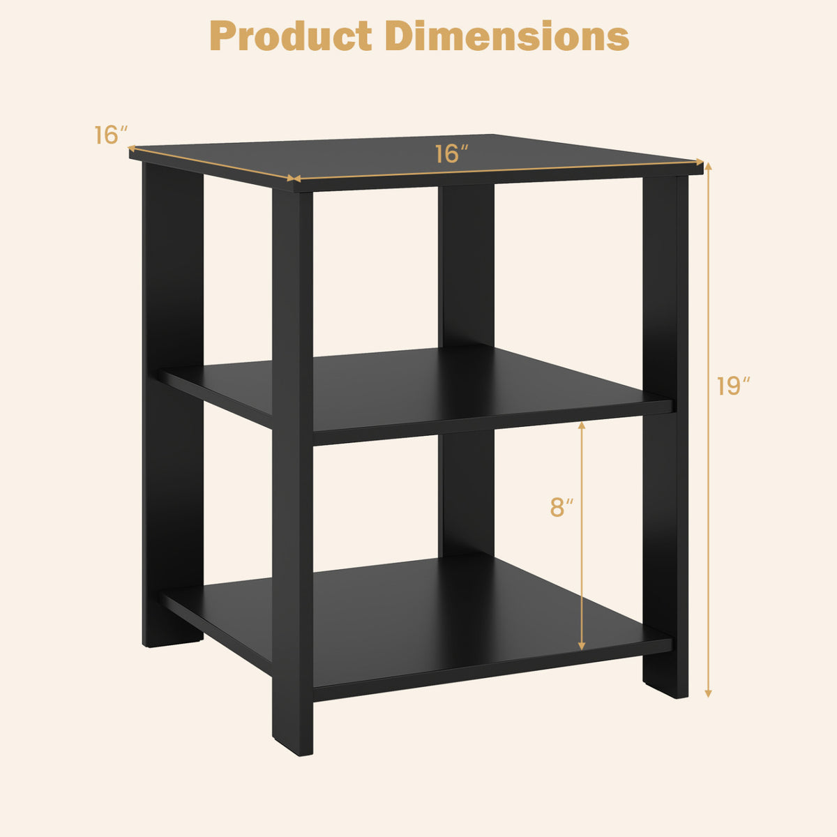 3-Tier Modern Nightstand Square Side Table with Open Storage Shelves-Black view 5