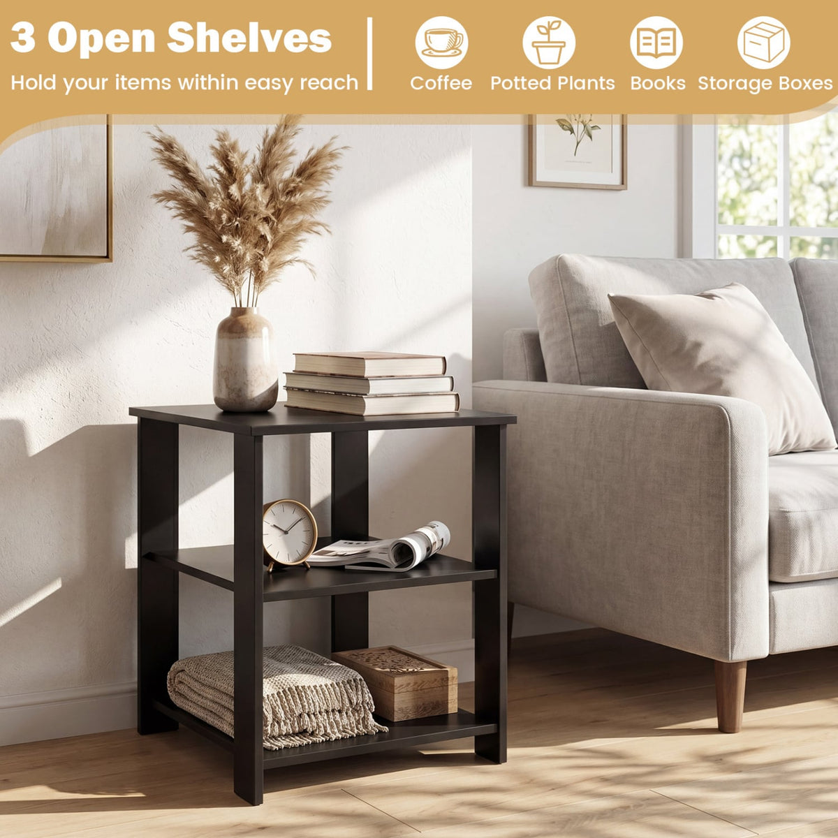 3-Tier Modern Nightstand Square Side Table with Open Storage Shelves-Black view 6