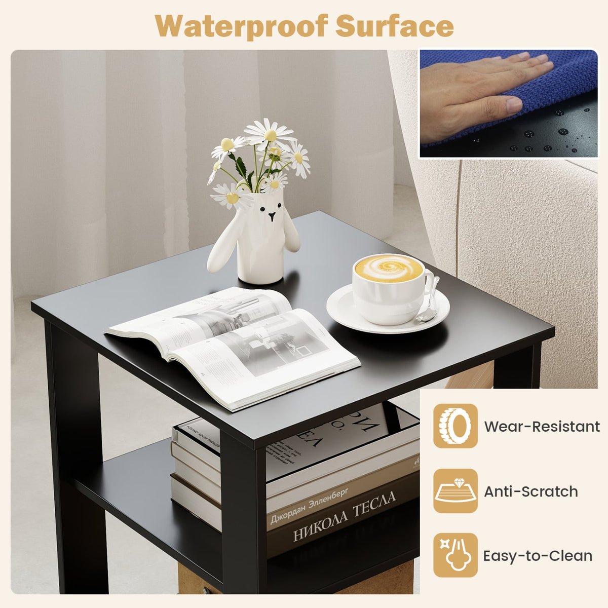 3-Tier Modern Nightstand Square Side Table with Open Storage Shelves-Black view 7