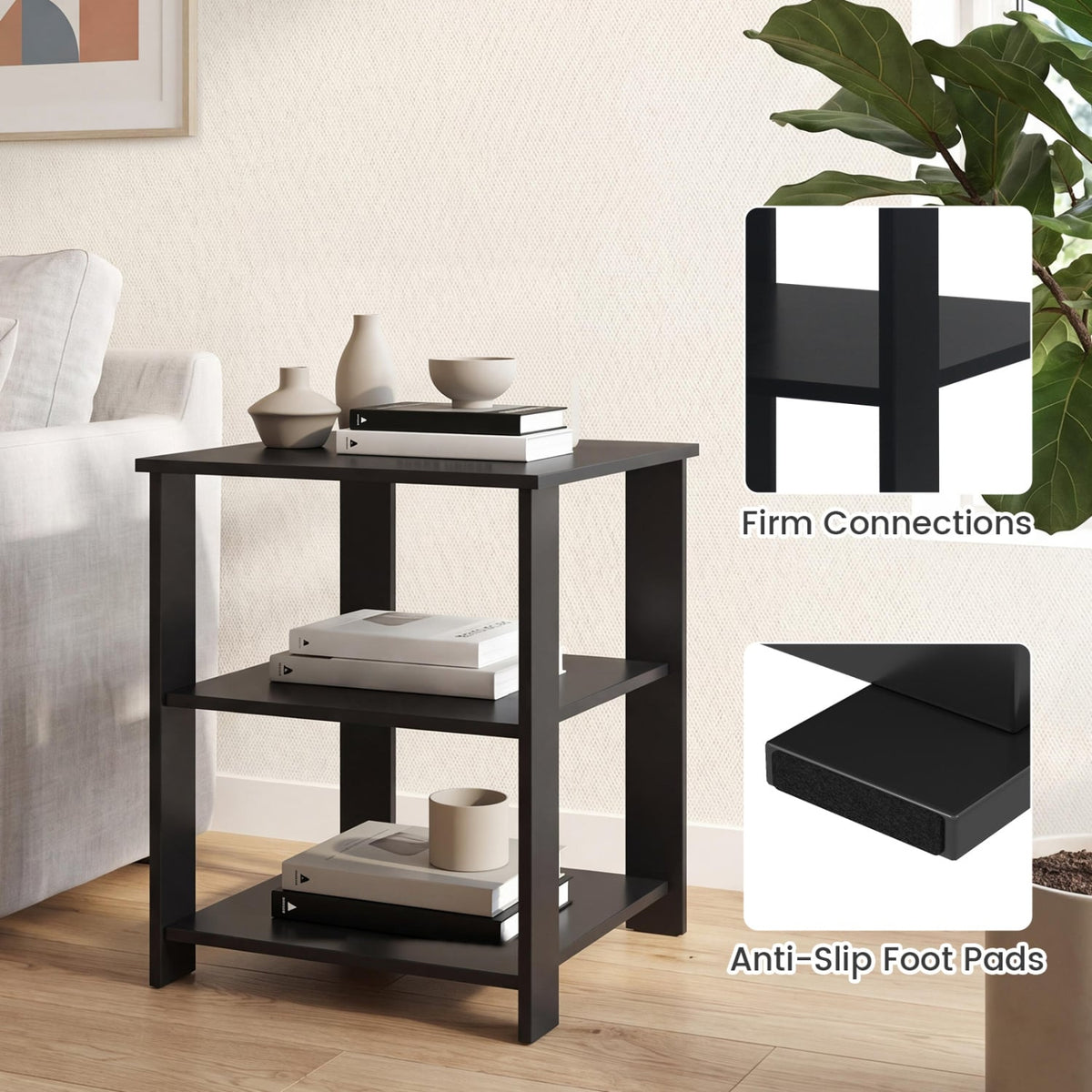 3-Tier Modern Nightstand Square Side Table with Open Storage Shelves-Black view 8