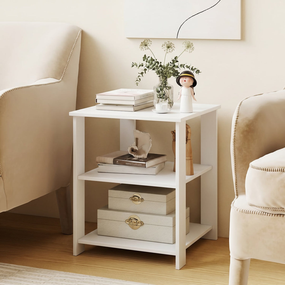 3-Tier Modern Nightstand Square Side Table with Open Storage Shelves-White view 3