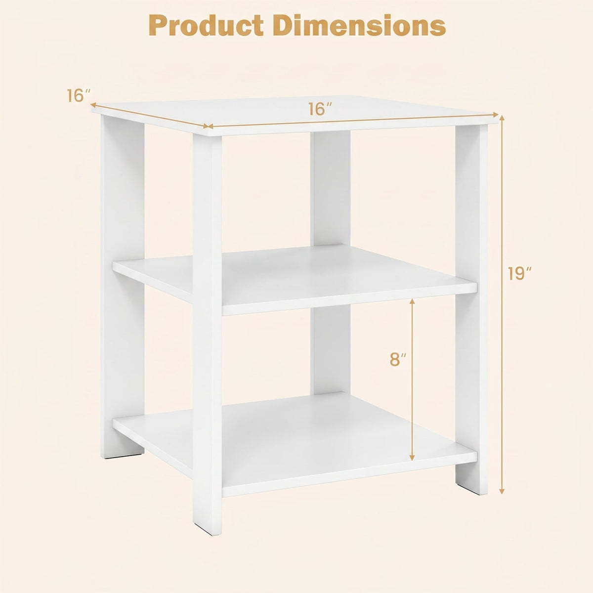 3-Tier Modern Nightstand Square Side Table with Open Storage Shelves-White view 5