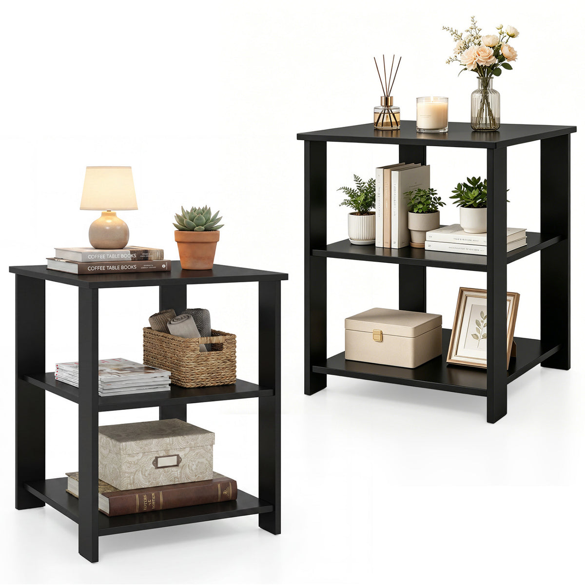 3-Tier Modern Nightstand Square Side Table with Open Storage Shelves Set of 2-Black view 4
