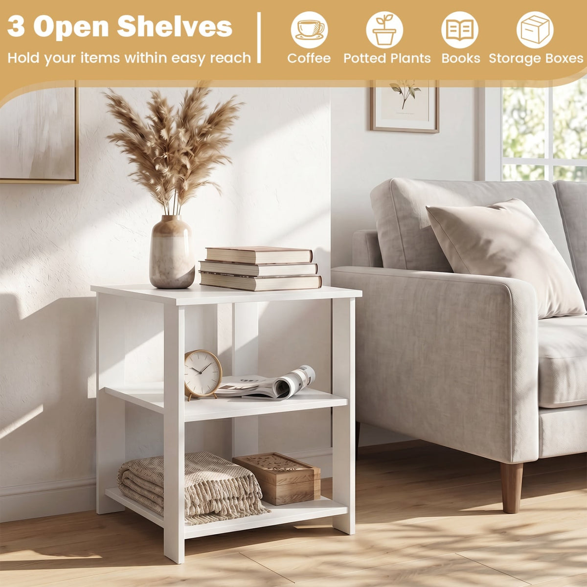3-Tier Modern Nightstand Square Side Table with Open Storage Shelves Set of 2-White view 6