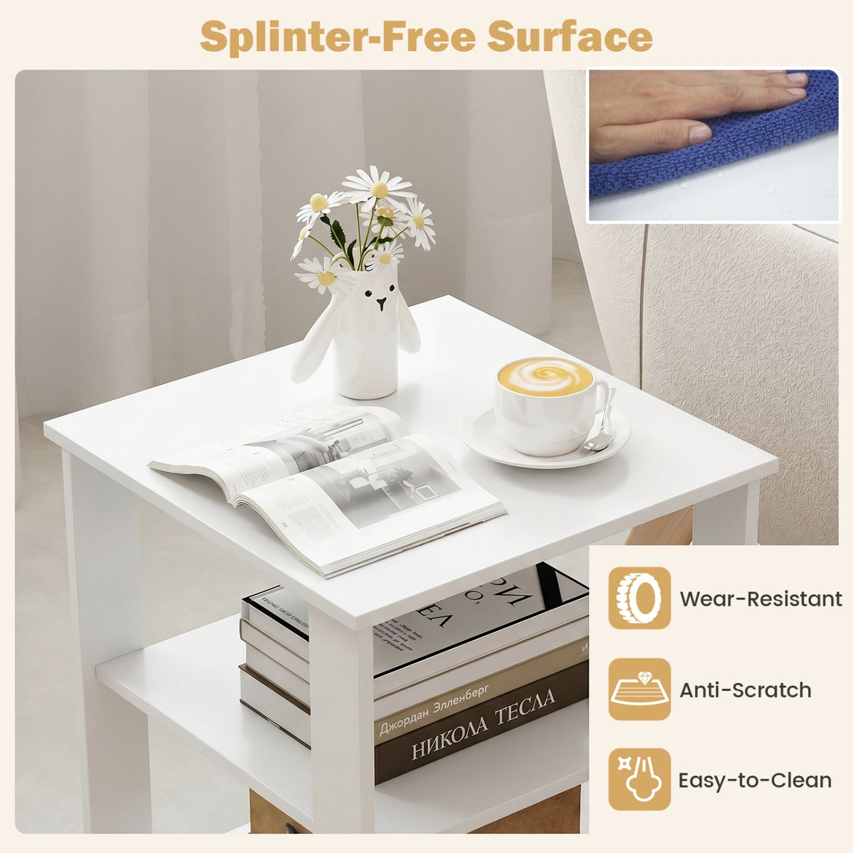 3-Tier Modern Nightstand Square Side Table with Open Storage Shelves Set of 2-White view 7