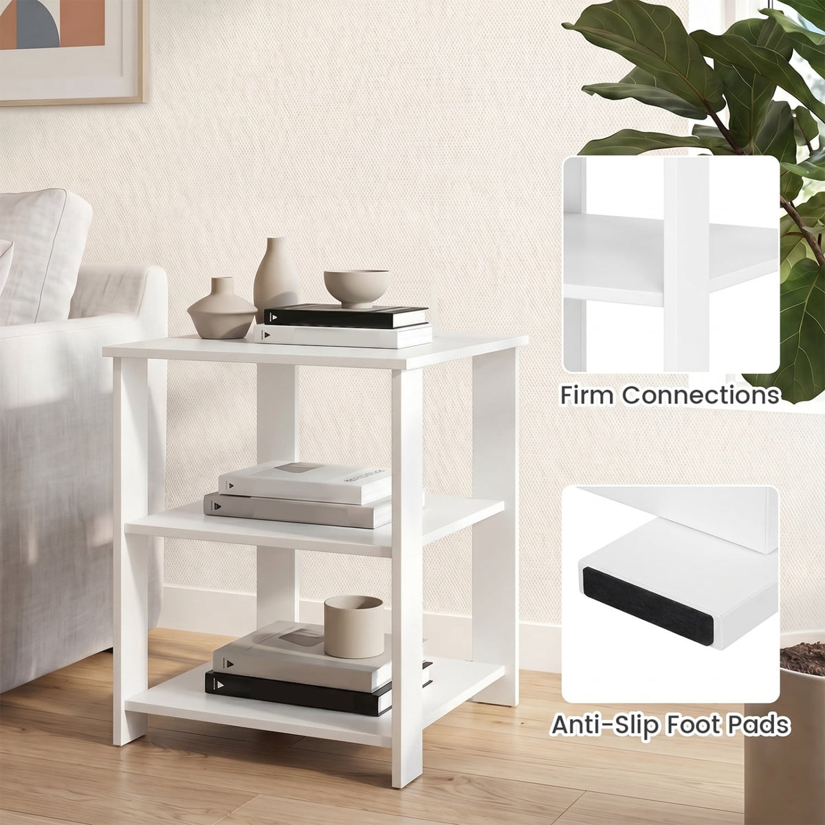 3-Tier Modern Nightstand Square Side Table with Open Storage Shelves Set of 2-White view 8