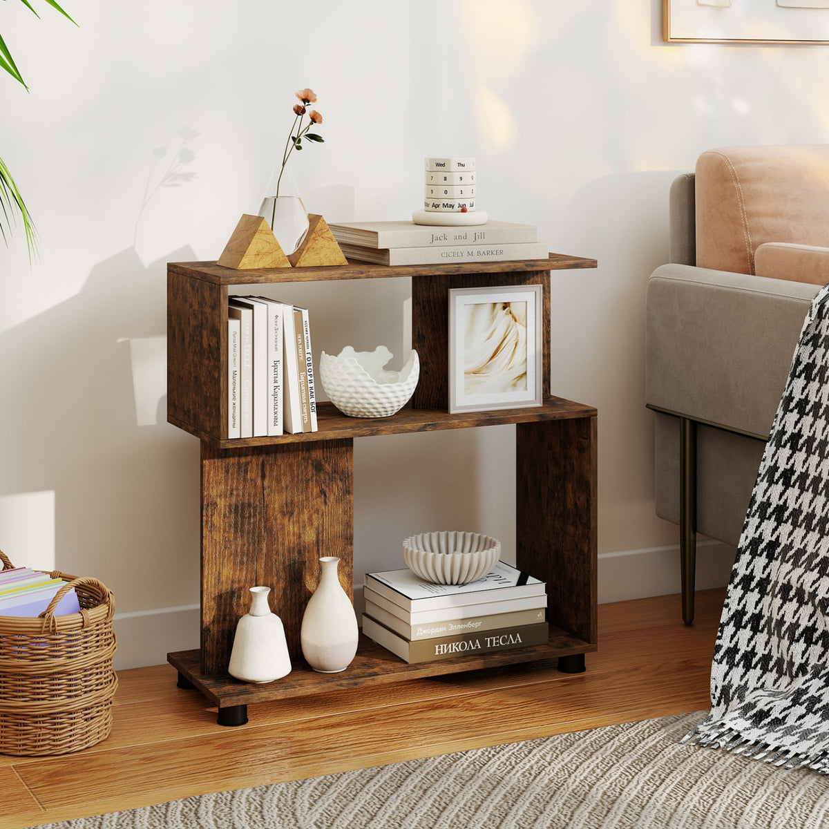 3-Tier Modern S-shaped Bookshelf with Adjustable Feet-Rustic Brown view 2