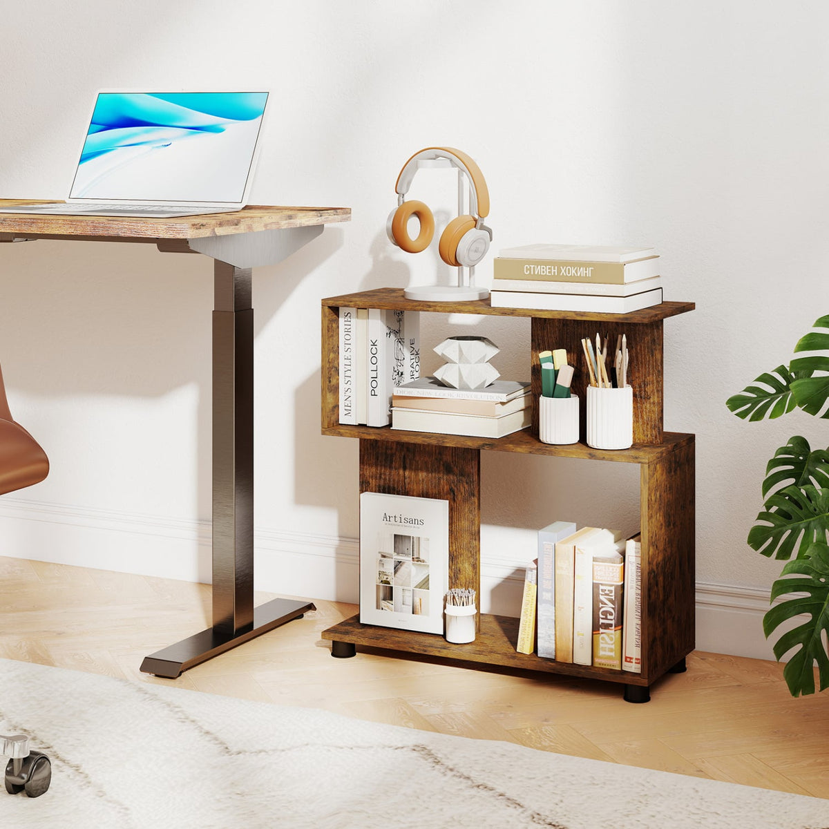 3-Tier Modern S-shaped Bookshelf with Adjustable Feet-Rustic Brown view 3
