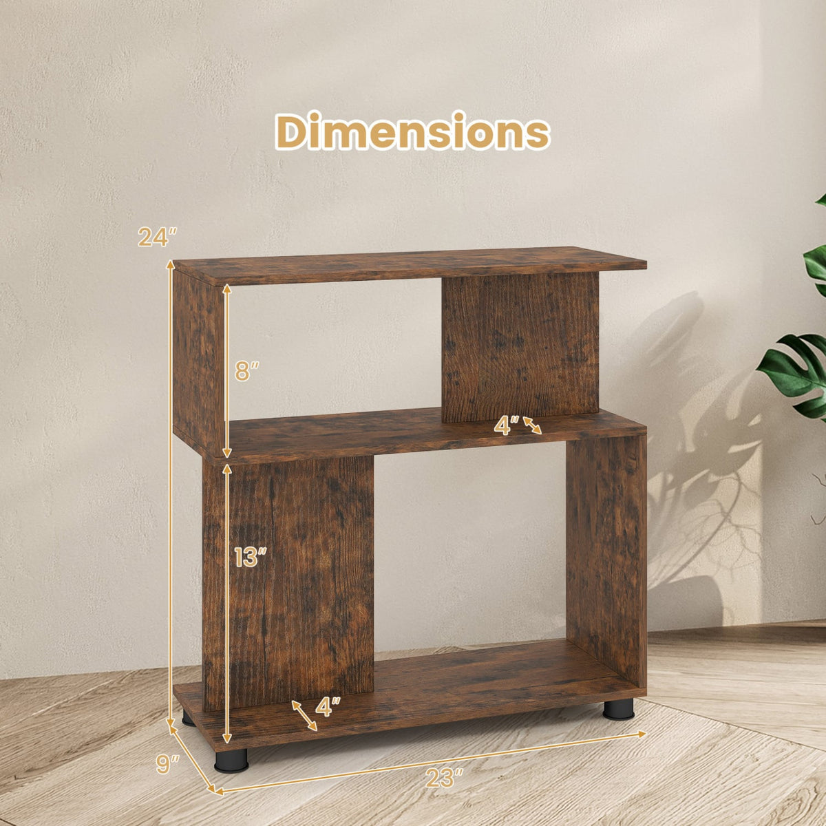 3-Tier Modern S-shaped Bookshelf with Adjustable Feet-Rustic Brown view 5