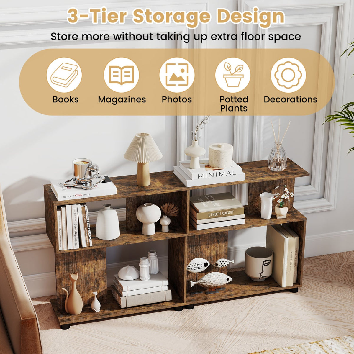 3-Tier Modern S-shaped Bookshelf with Adjustable Feet-Rustic Brown view 6