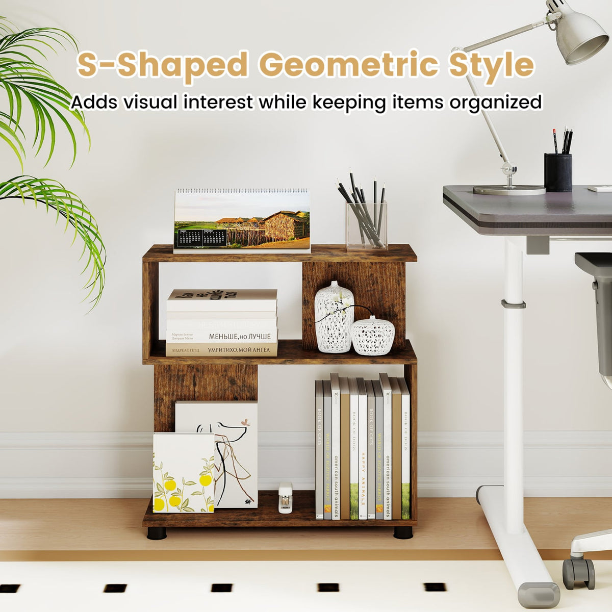 3-Tier Modern S-shaped Bookshelf with Adjustable Feet-Rustic Brown view 7