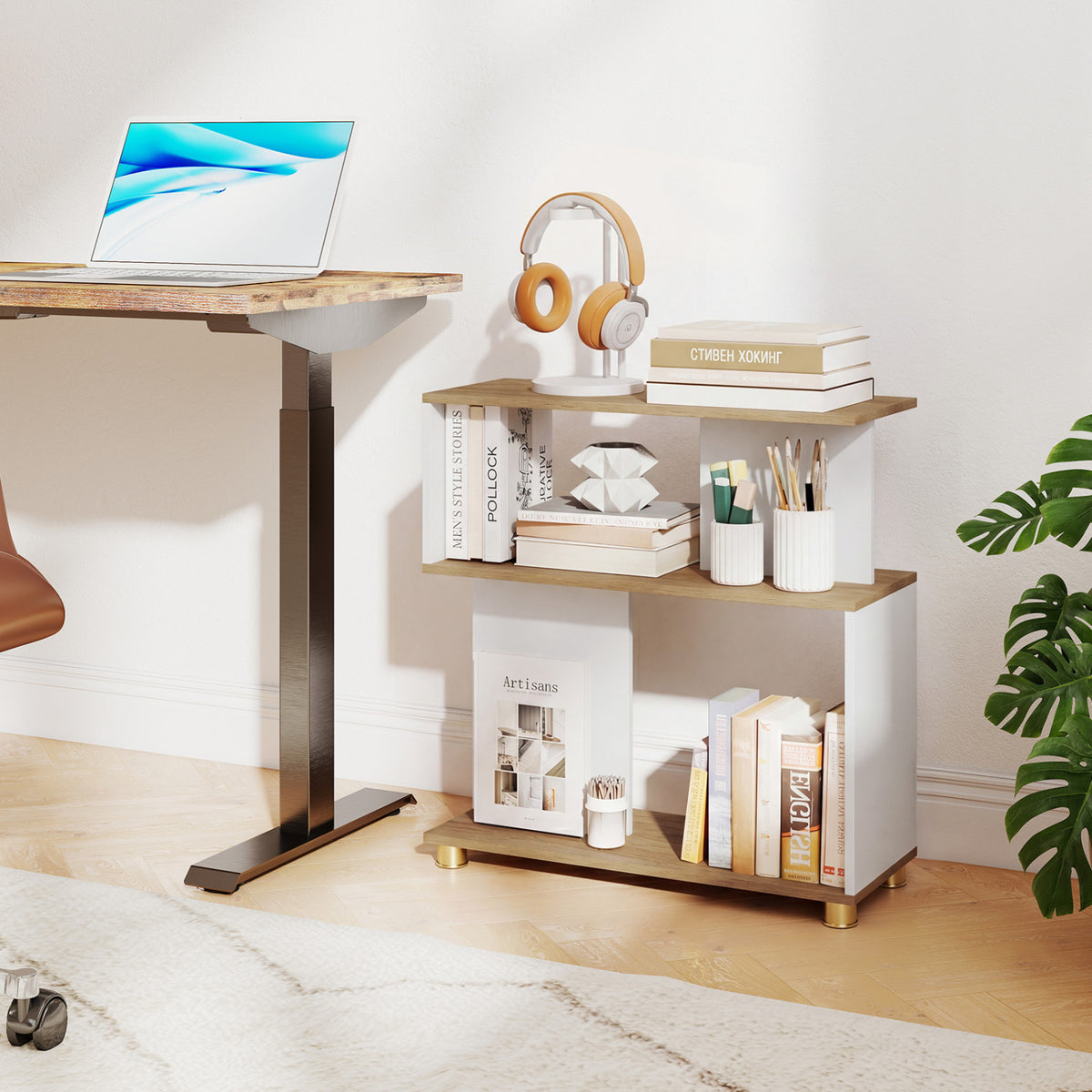 3-Tier Modern S-shaped Bookshelf with Adjustable Feet-White view 2