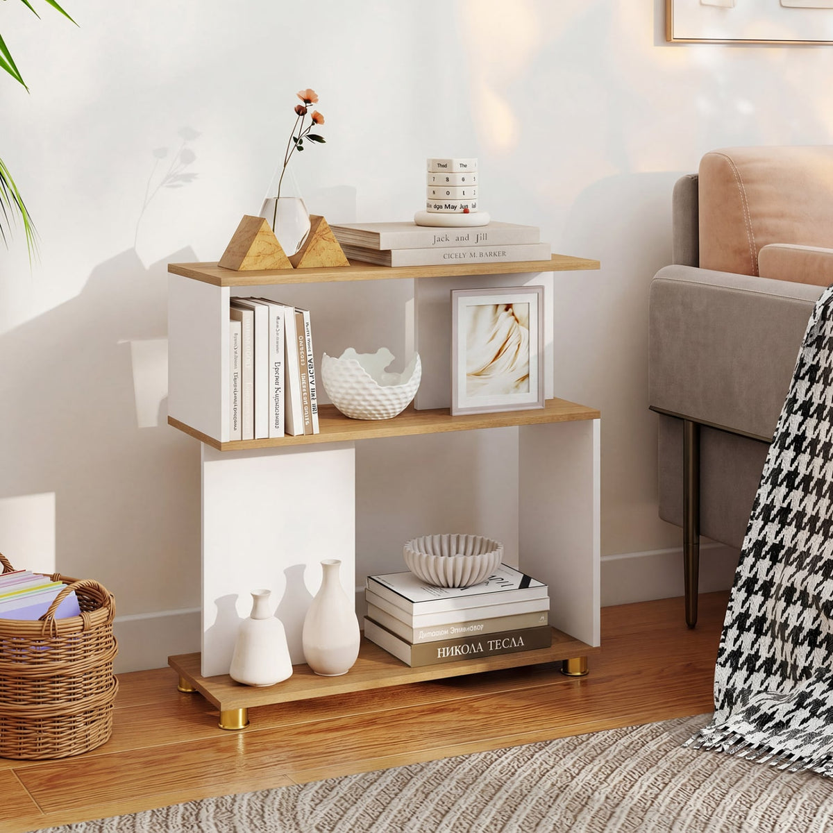 3-Tier Modern S-shaped Bookshelf with Adjustable Feet-White view 3