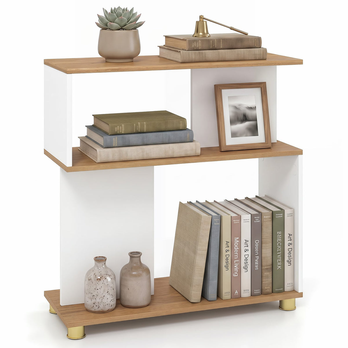 3-Tier Modern S-shaped Bookshelf with Adjustable Feet-White view 4