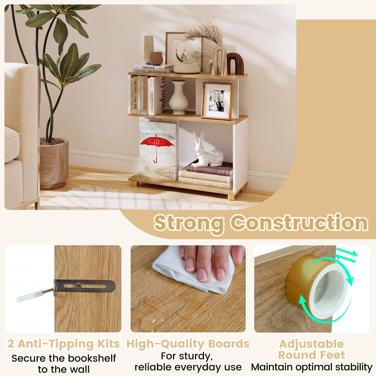 3-Tier Modern S-shaped Bookshelf with Adjustable Feet-White view 7