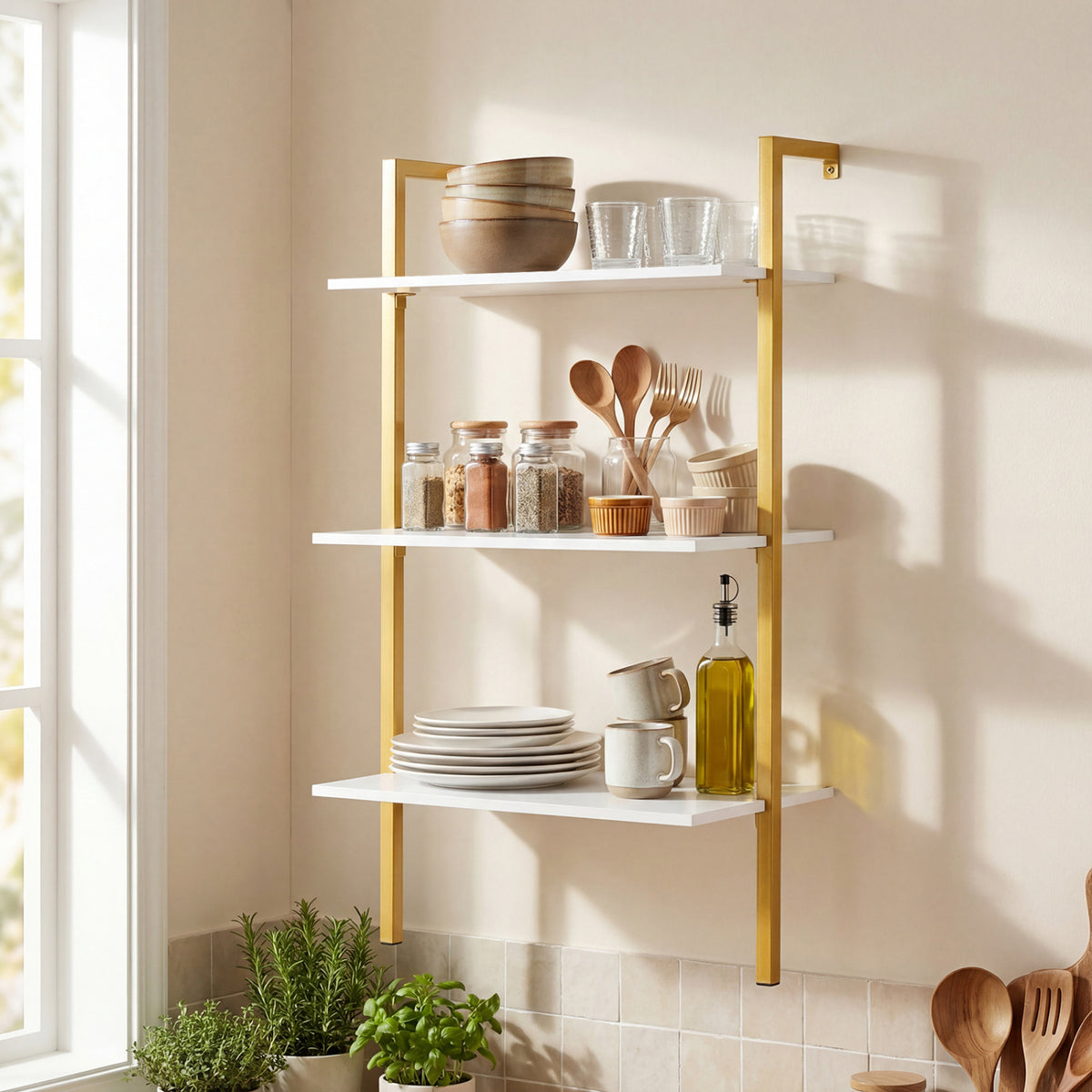 3-Tier Modern Wall Mounted Shelves Wooden Floating Shelving Unit Metal Ladder Bookshelf-White view 2